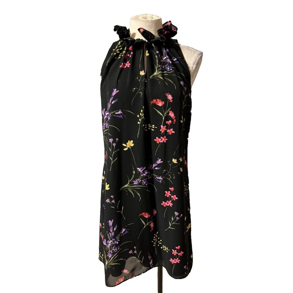 Tahari Dress 10 Black Multi Floral Ruffle Neck Shift Flowy Sleeveless Summer - Picture 2 of 8